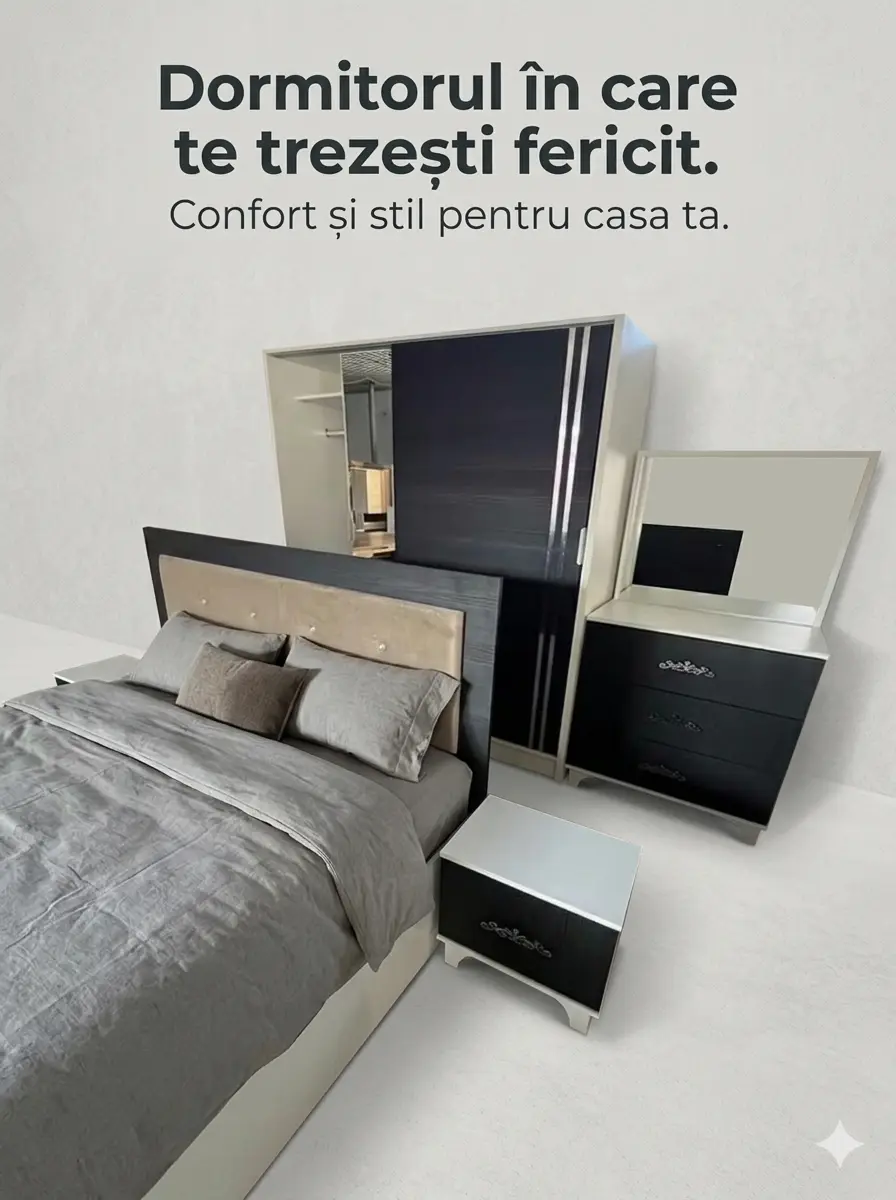 Dormitor modern Târgu Neamț dormitor modern Târgu Neamț mobilă alb negru pat și șifonier