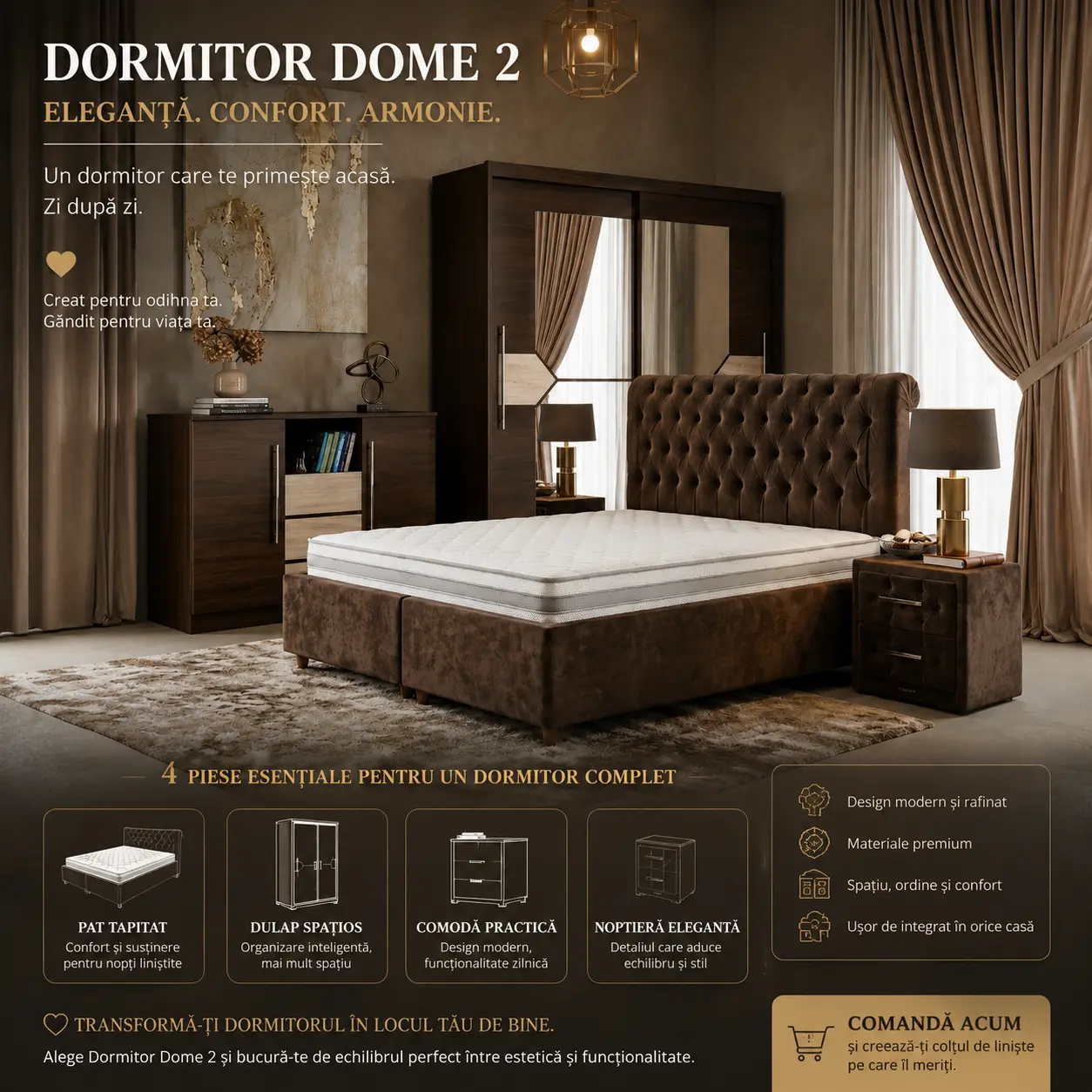 Mobilă dormitor Târgu Neamț cu pat tapițat modern și șifonier premium pe stoc în apropiere de Târgu Neamț