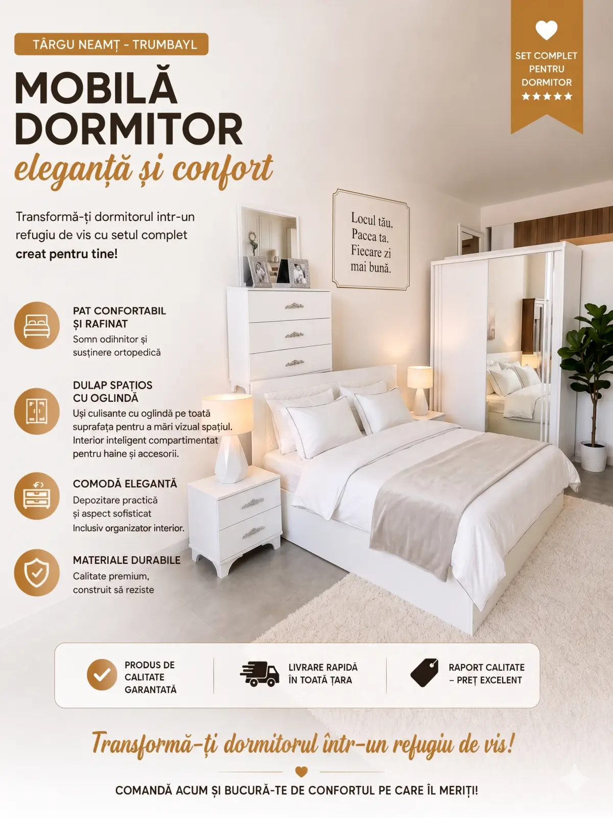mobilă dormitor Târgu Neamț cu pat tapițat și șifonier modern premium